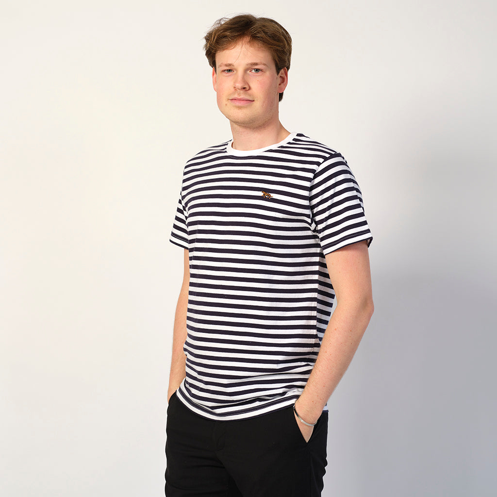 T-shirt in Cotone Organico a Righe Bianco e Blu - Tigre Uomo